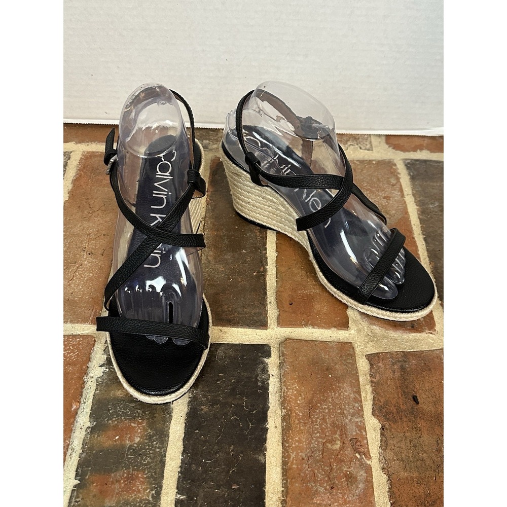 Calvin Klein Black Leather Espadrille Sandals Wedge Heel Strappy Women 9.5 Shoes